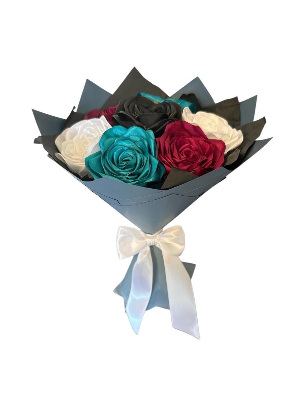 Handmade Satin Rose Bouquet in Teal, Burgundy, Black, and Cream